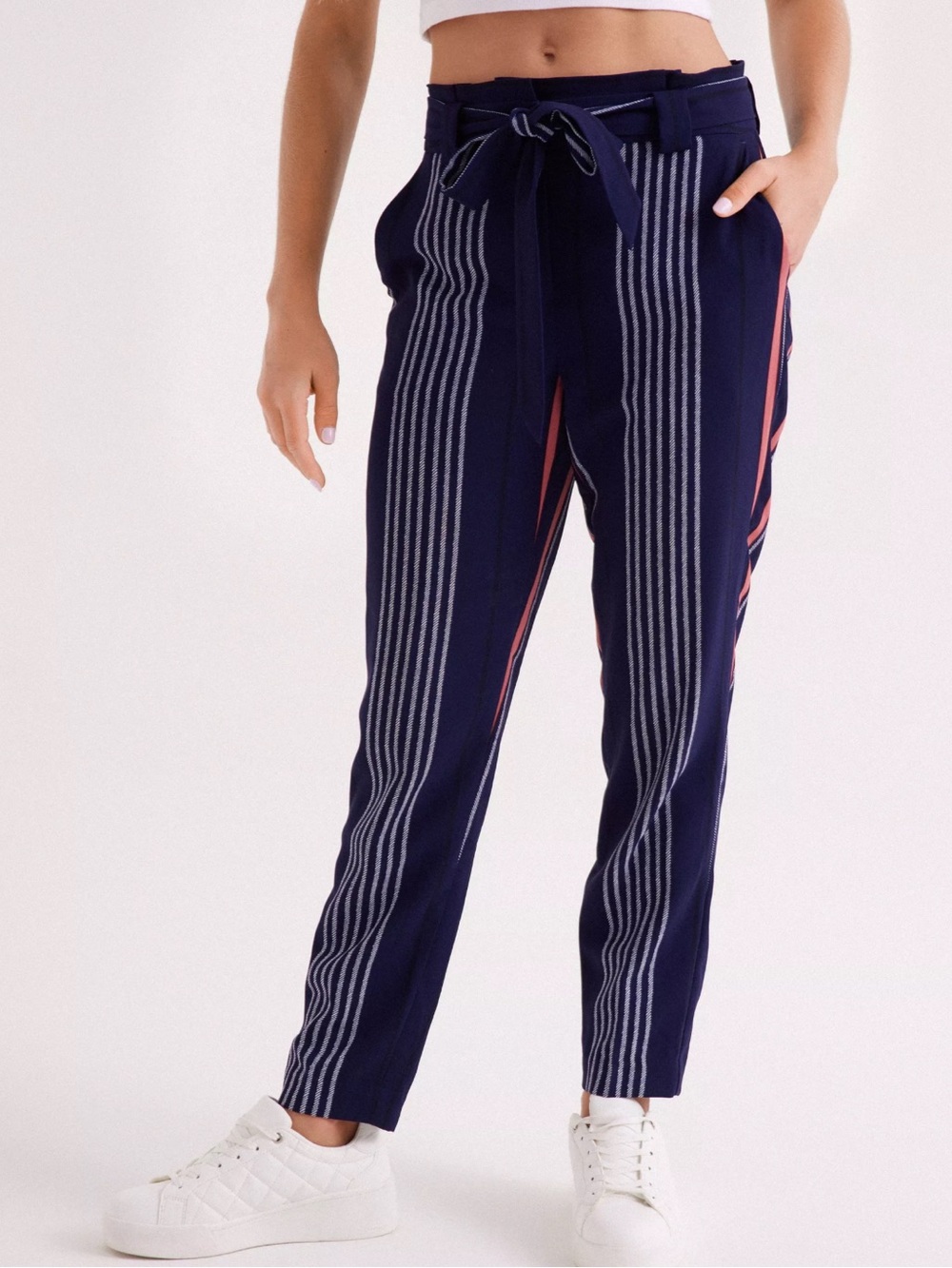 Express Navy Blue Striped Ankle Pants with Pink Accents